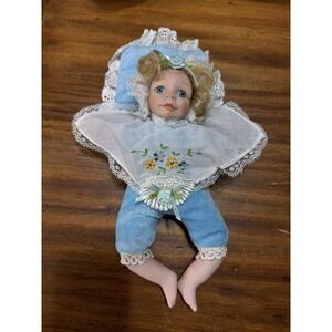 Vintage Tiny Porcelain Doll Blue Dress And Pillow Cute Embroidered Flowers